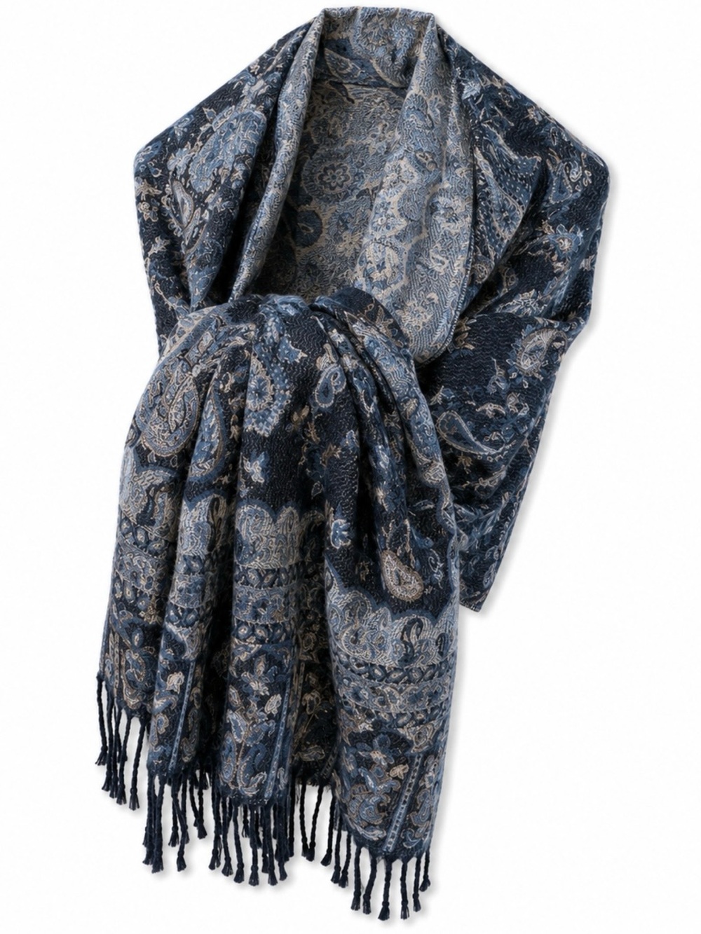 Soft Reversible Blue Paisley Fringe Scarf Shawl Wrap